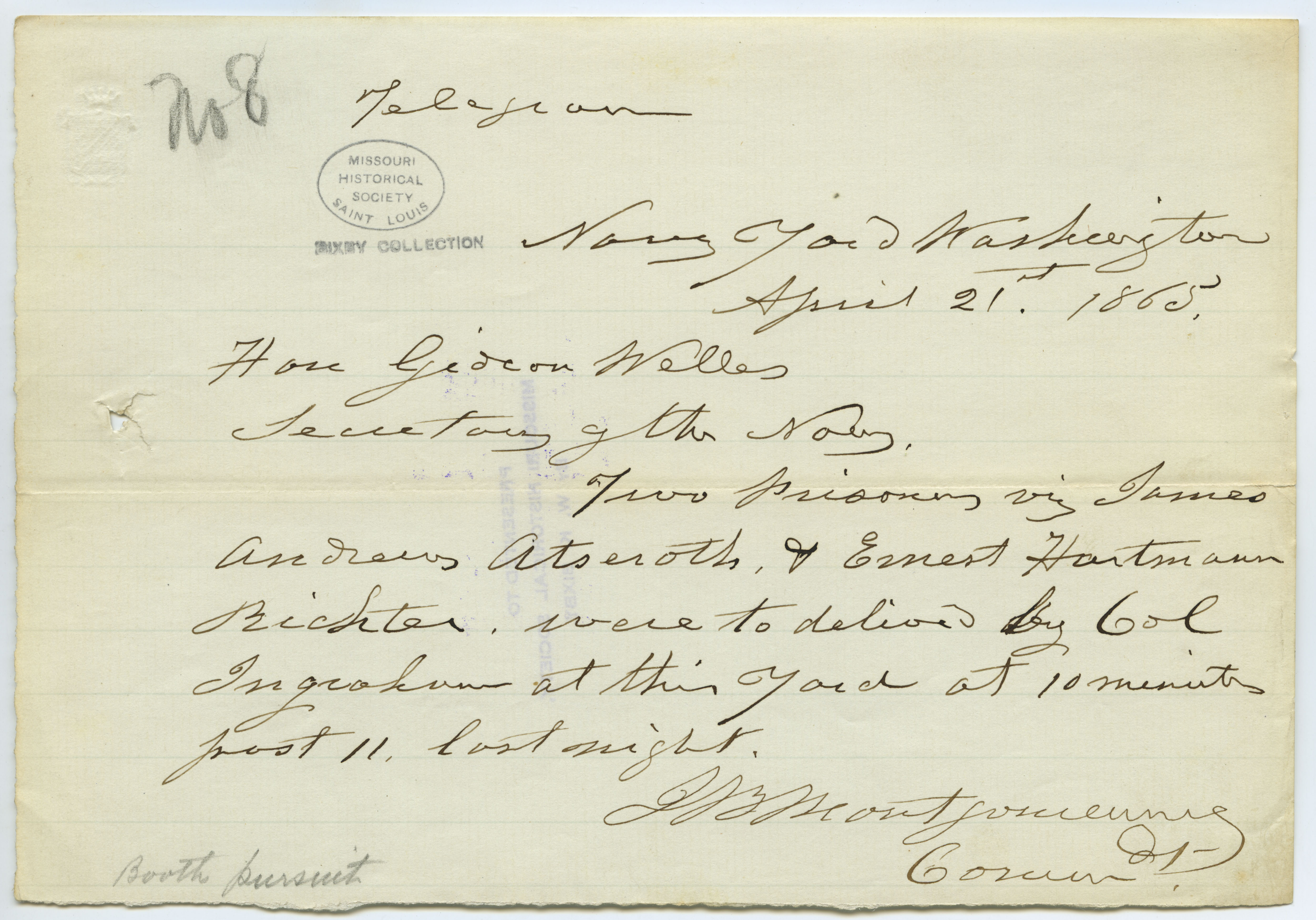 Contemporary Copy Of Telegram Of J.B. Montgomery, Navy Yard, Washington ...